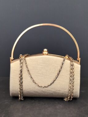 VGT,Sasha Metallic Gold Evening Handbag with An arched Handle And Chain Strap.